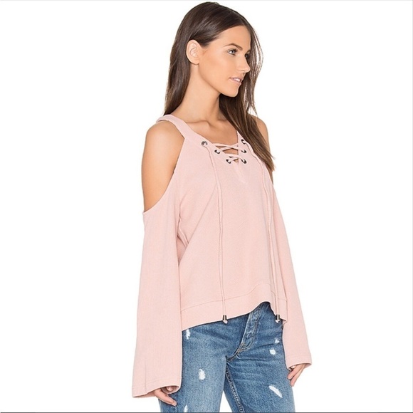 J.O.A. Off Shoulder Peach Top Lace Up Front - Picture 3 of 12